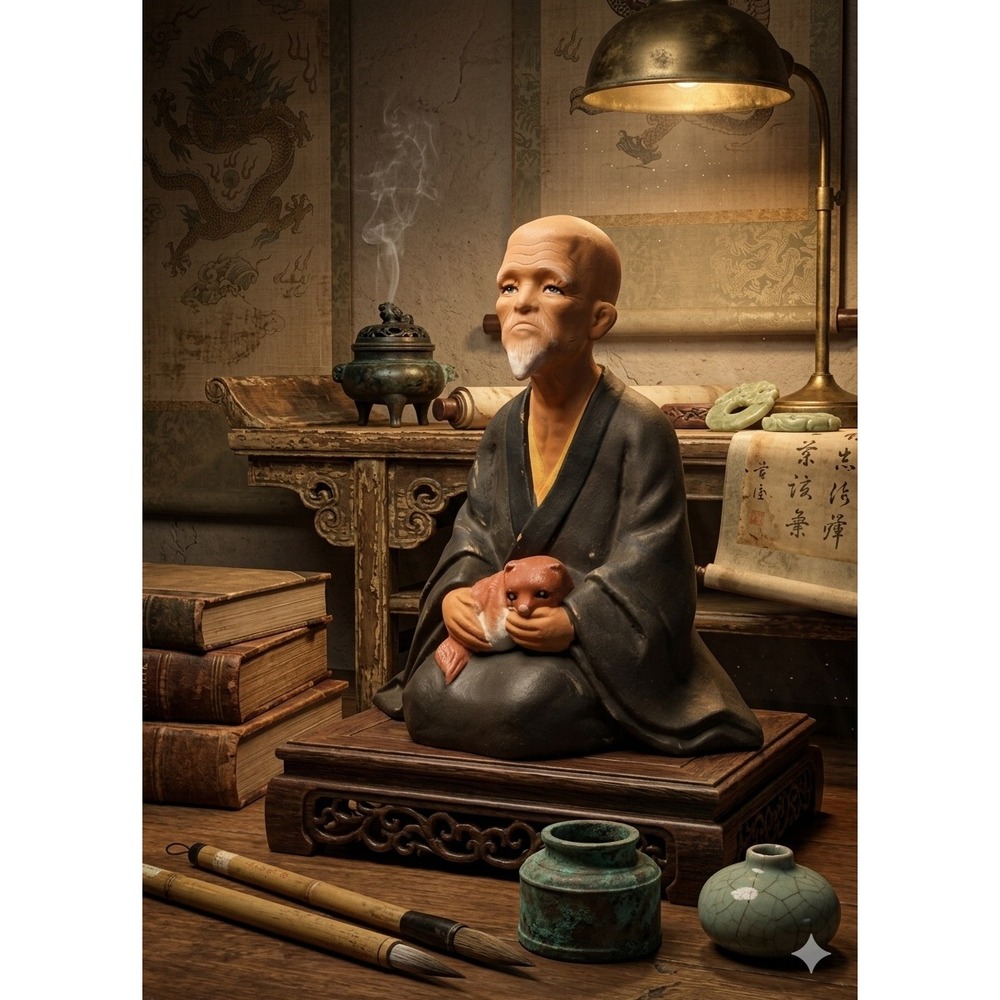 Vintage Ceramic Asian Monk Figurine Seated Old Man with Red Fox Statue
